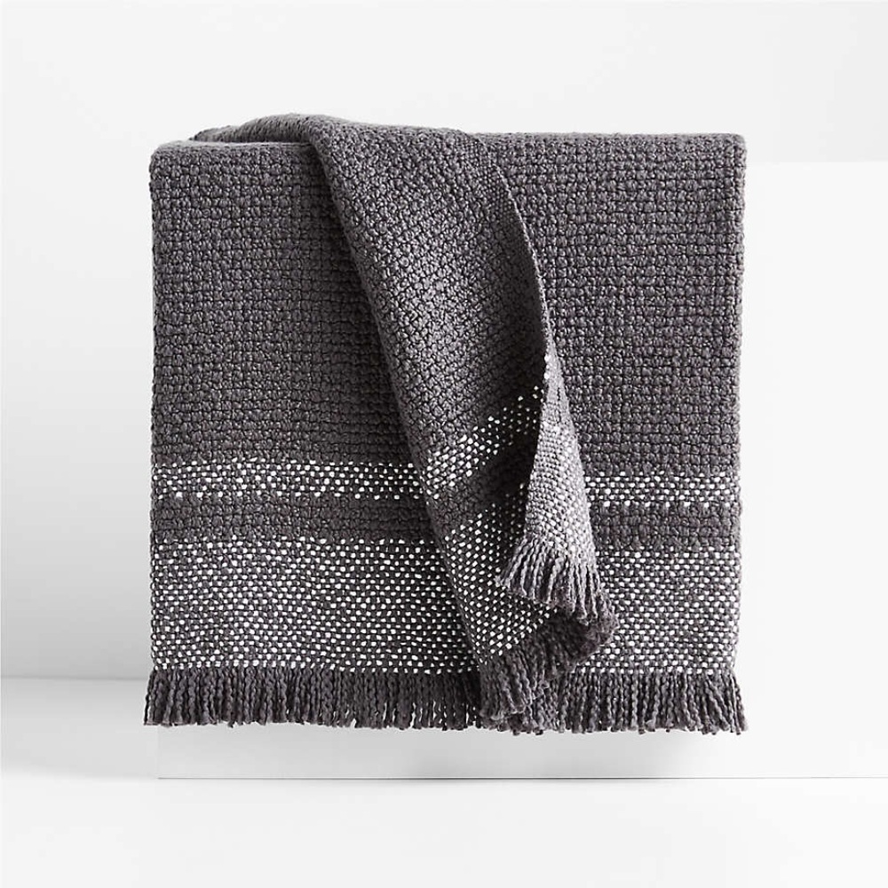 Crate & Barrel Weekend Storm Grey Organic Cotton Fringe Throw Blanket NWT